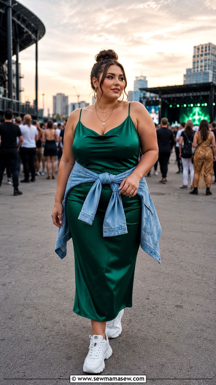 Satin Slip Dress With Chunky Sneakers And Denim Jacket - 30 Plus size concert outfit ideas