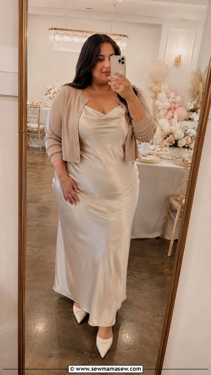 Satin Slip Dress With Cropped Cardigan - 30 Plus size outfit ideas for baby shower