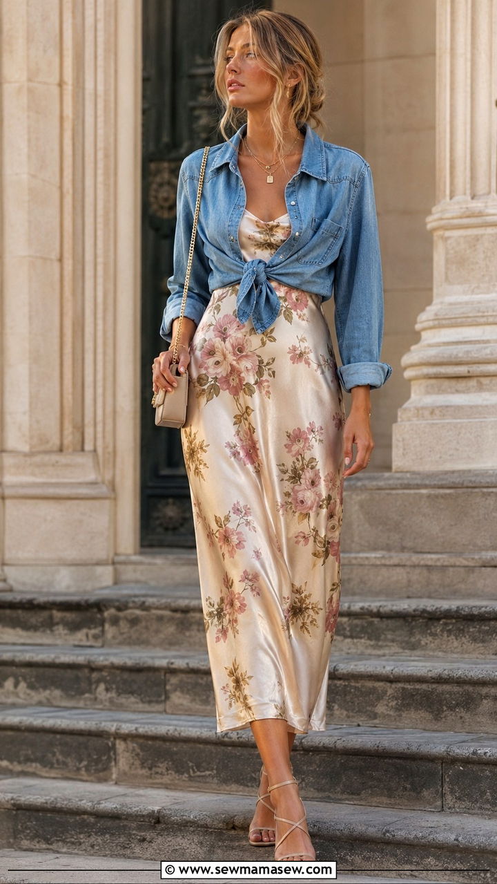 Satin Slip Dress With Cropped Denim Shirt - 30 Chill spring outfit ideas