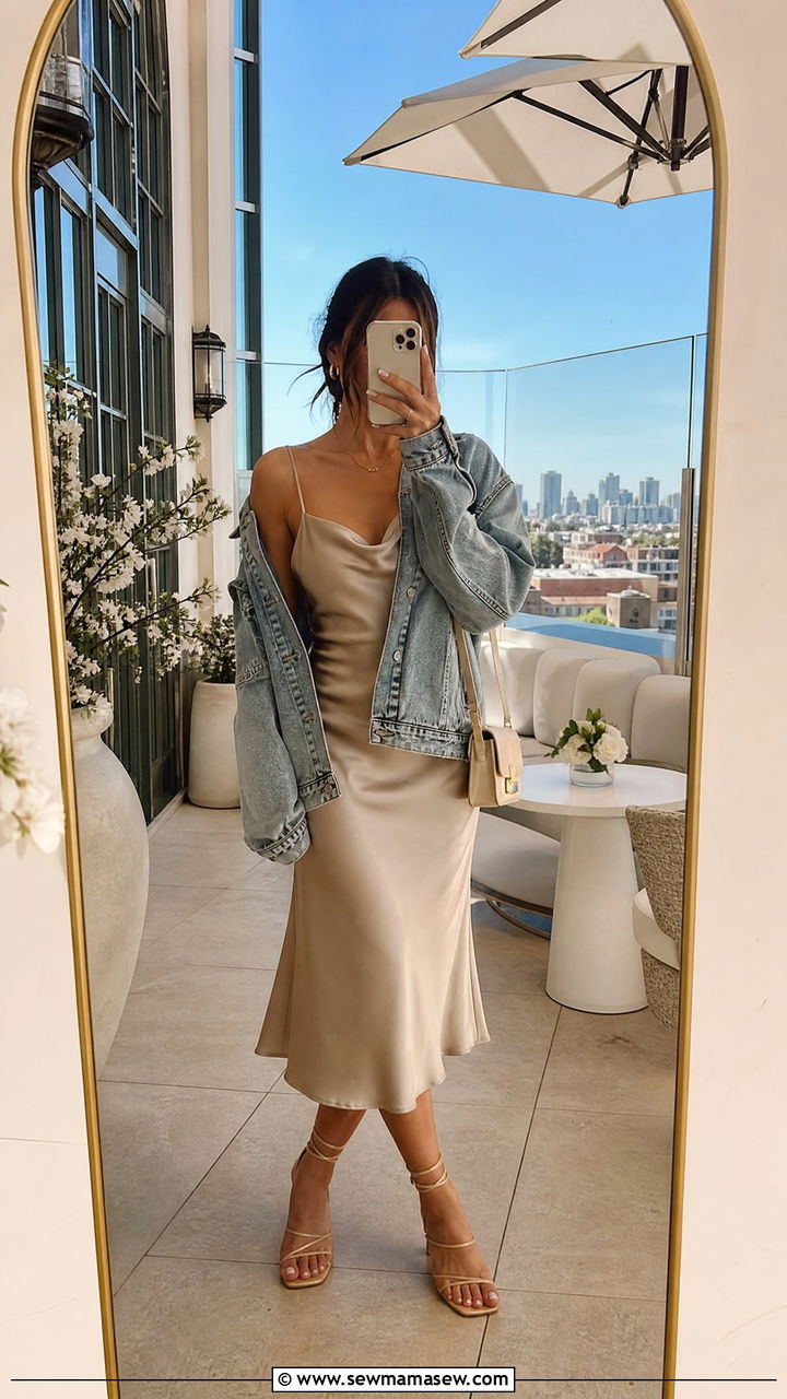 Satin Slip Dress With Denim Jacket And Strappy Sandals - 30 Sunday brunch outfit ideas for women