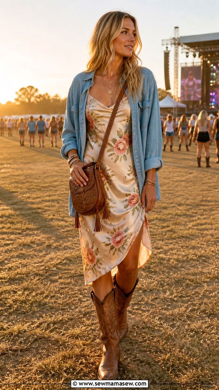Satin Slip Dress With Denim Shirt Layered And Cowboy Boots - 40 Satin slip dress outfit ideas