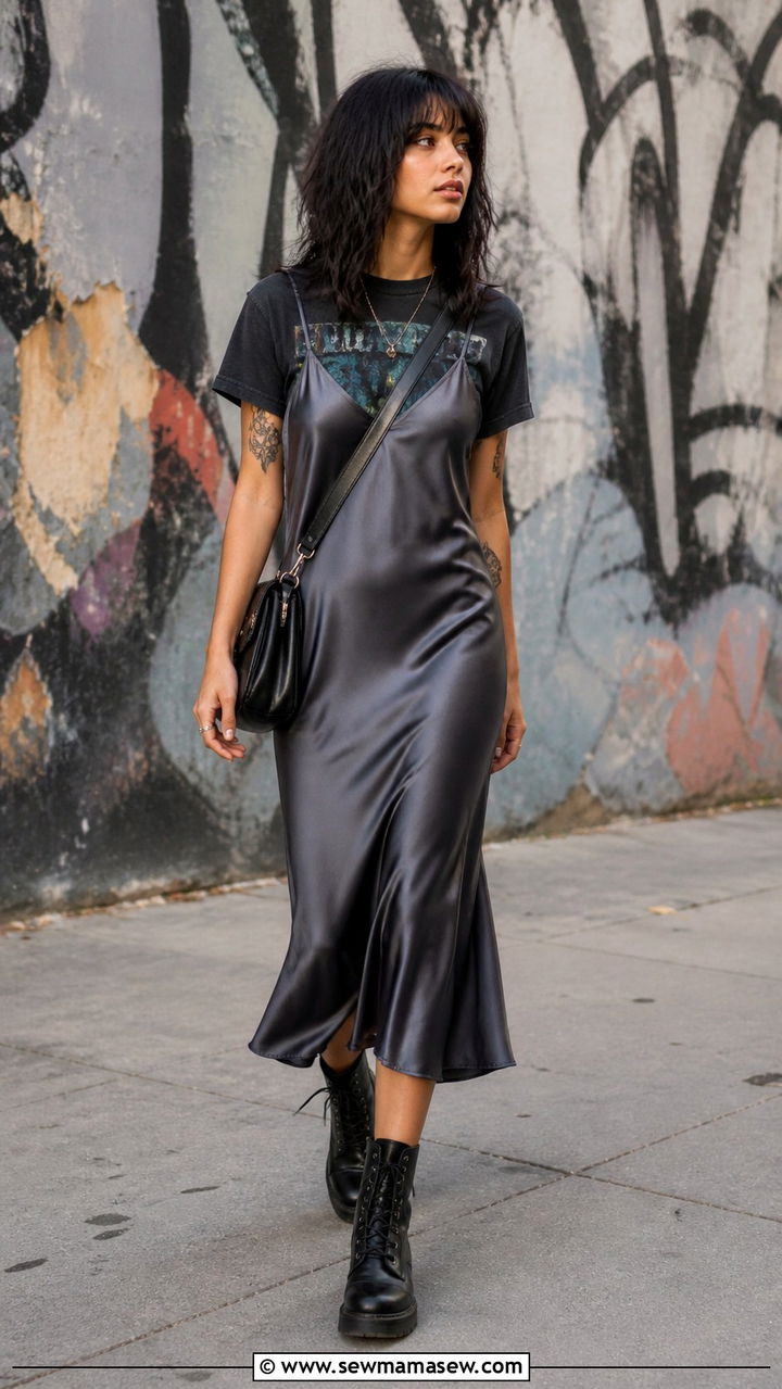 Satin Slip Dress With Graphic Tee Underneath And Combat Boots - 40 Satin slip dress outfit ideas