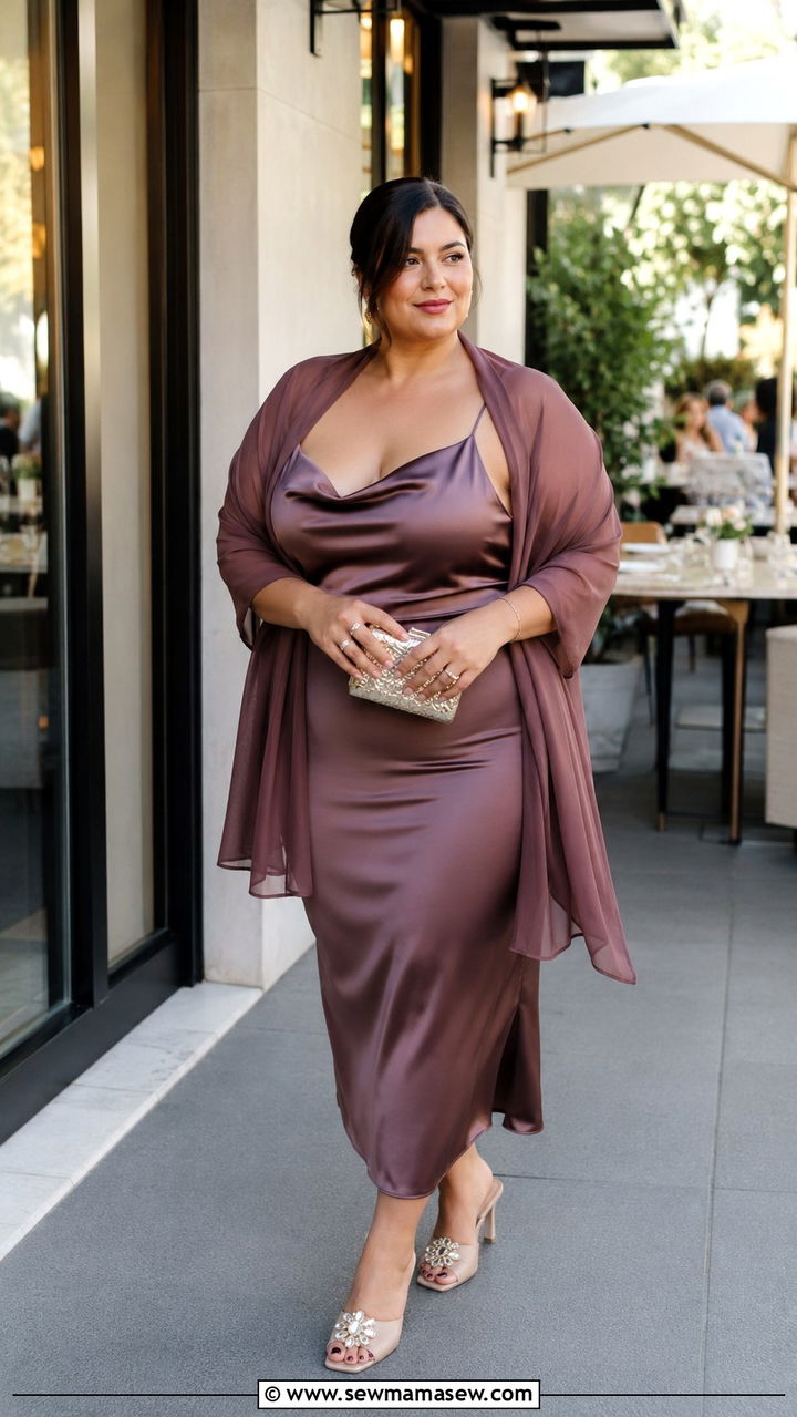 Satin Slip Dress With Heeled Mules - 30 Plus size outfit ideas for wedding guest