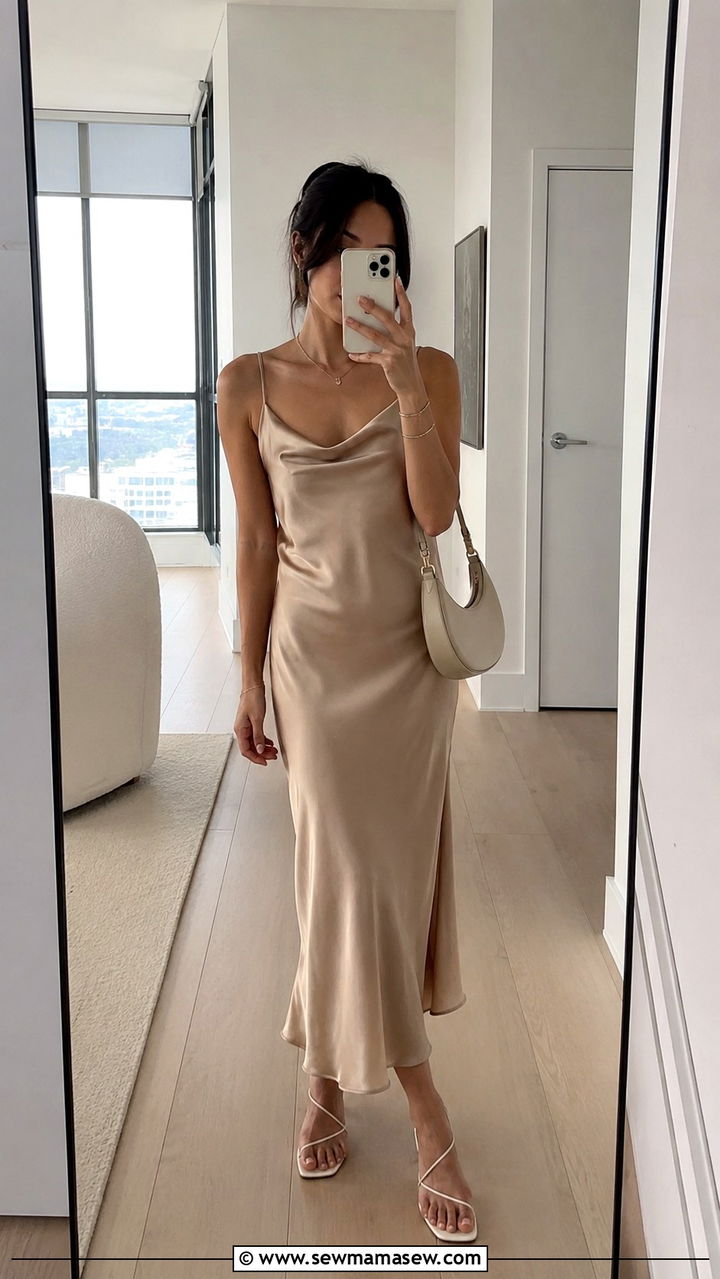 Satin Slip Dress With Heeled Sandals - 30 Party outfits for petite women