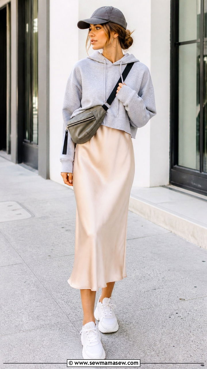 Satin Slip Dress With Hoodie Layered And Chunky Sneakers - 40 Satin slip dress outfit ideas