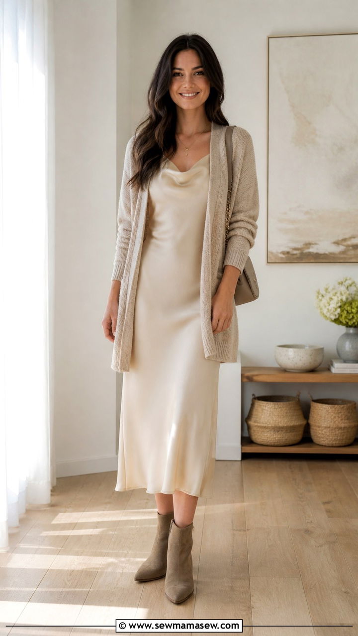 Satin Slip Dress With Lightweight Cardigan And Ankle Boots - 40 spring neutral outfit ideas