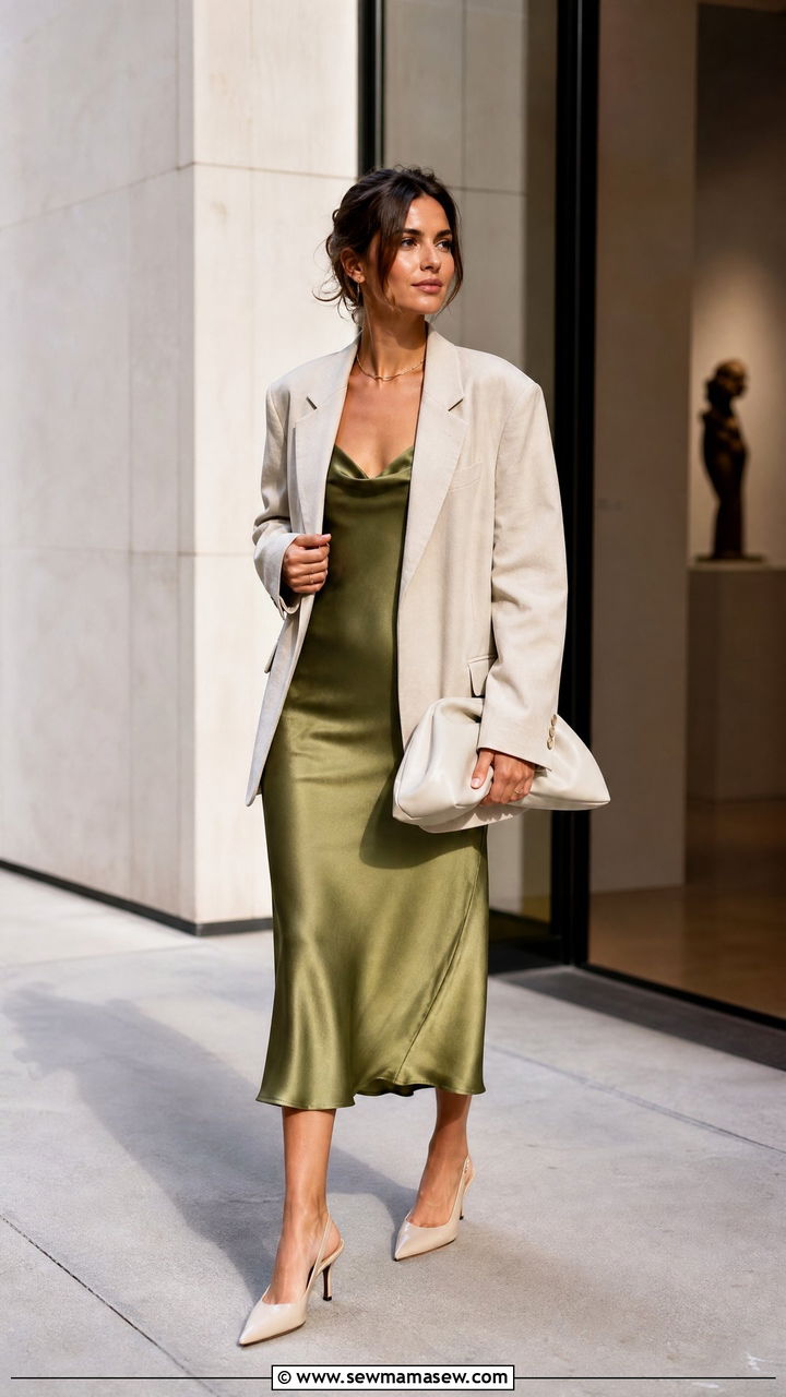 Satin Slip Dress With Oversized Blazer Wedding Guest Outfit - 20 Wedding guest outfit ideas satin slip dress