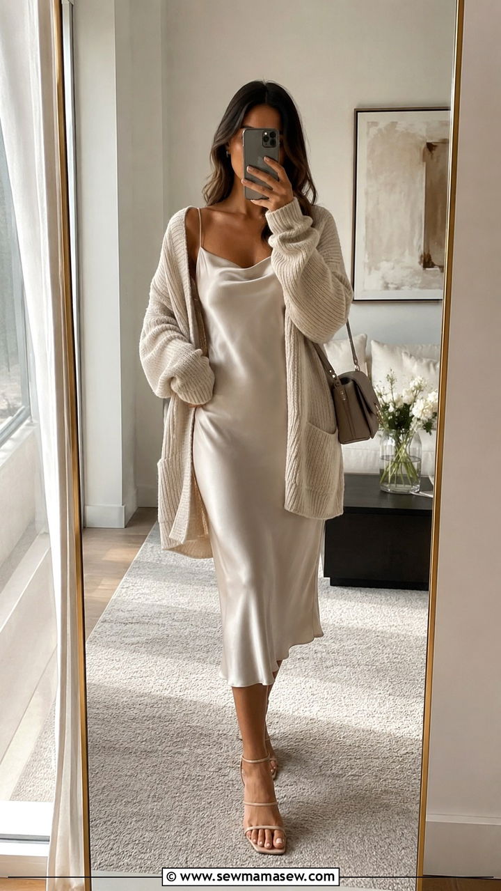 Satin Slip Dress With Oversized Cardigan Classy Outfit - 30 classy outfits to copy