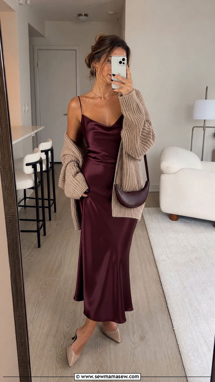 Satin Slip Dress With Oversized Cardigan and Pointed Toe Kitten Heel Mules - 25 Kitten heel outfit ideas