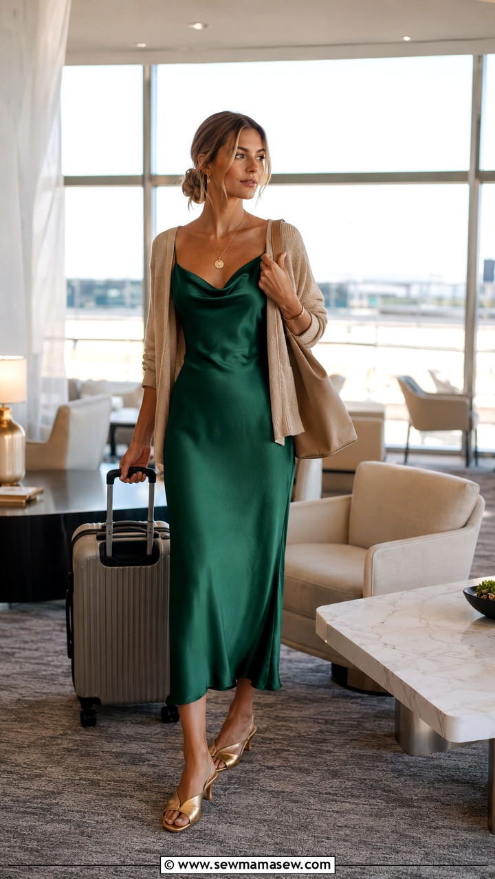 Satin Slip Dress With Oversized Cardigan - 25 Airport outfit ideas summer 2026