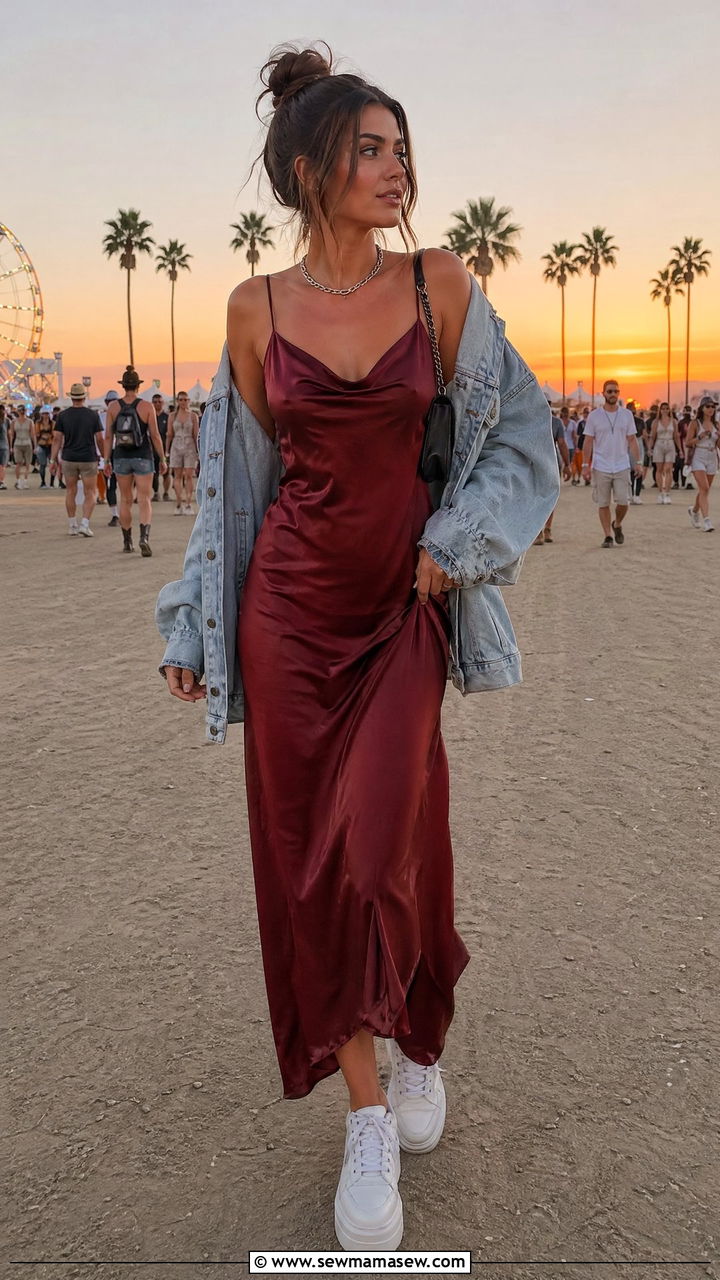 Satin Slip Dress With Oversized Denim Jacket - 35 festival outfits