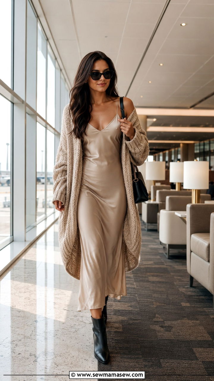 Satin Slip Dress With Oversized Knit Wrap Airport Outfit - 25 Airport outfit ideas for Europe