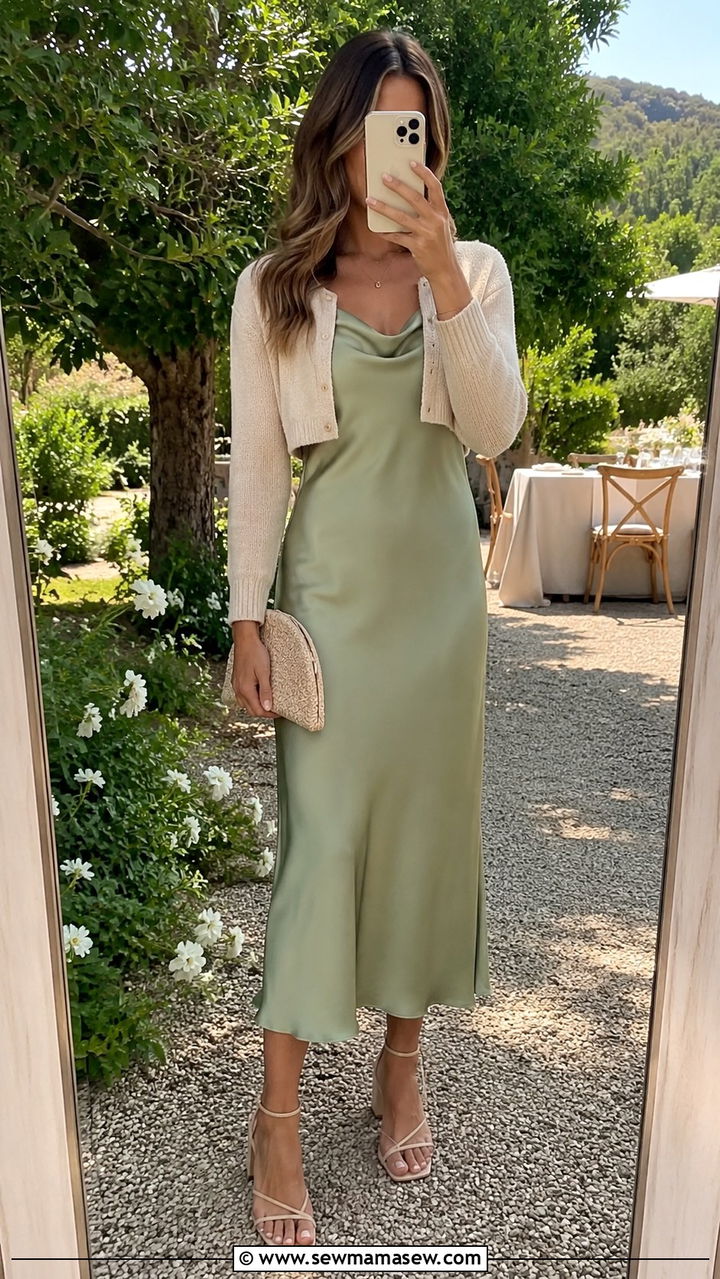 Satin Slip Dress With Statement Earrings Wedding Guest Outfit - 20 Wedding guest outfit ideas satin slip dress