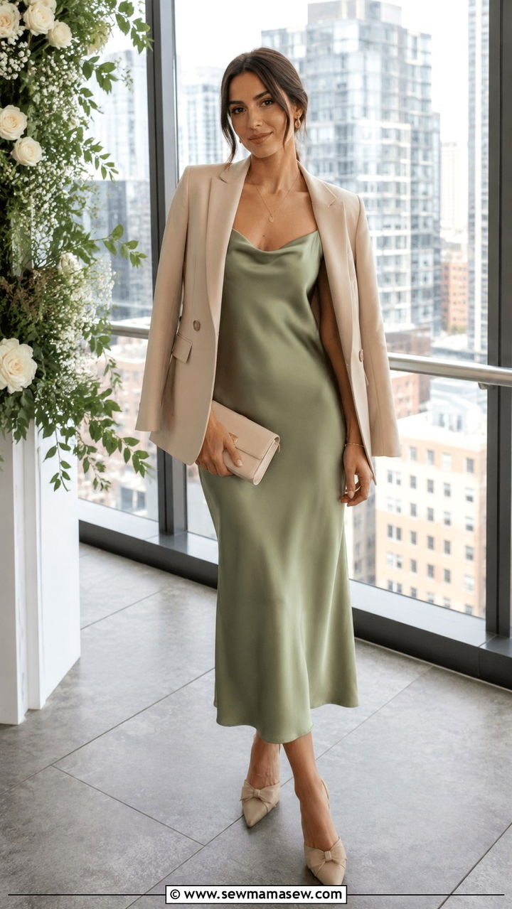 Satin Slip Dress With Tailored Blazer - 30 seasonal wedding guest outfit ideas