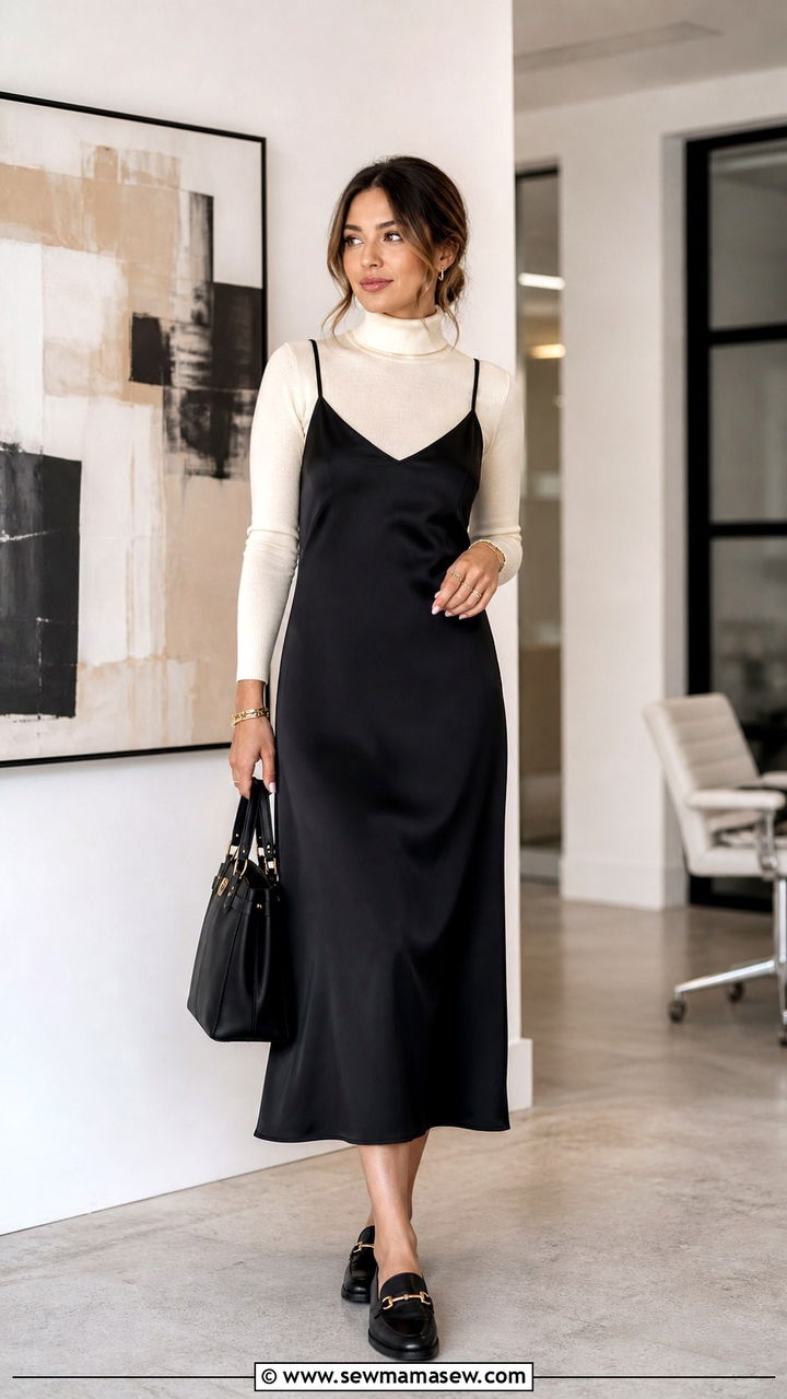 Satin Slip Dress With Turtleneck Underneath And Loafers - 40 Satin slip dress outfit ideas