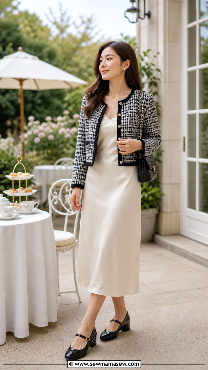 Satin Slip Dress With Tweed Jacket And Mary Jane Heels - 40 Satin slip dress outfit ideas