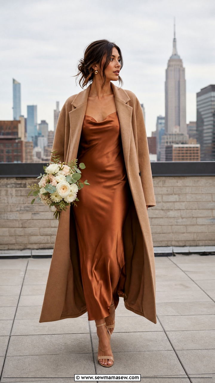 Satin Slip Dress With Wool Coat - 30 Festive attire wedding guest outfit ideas