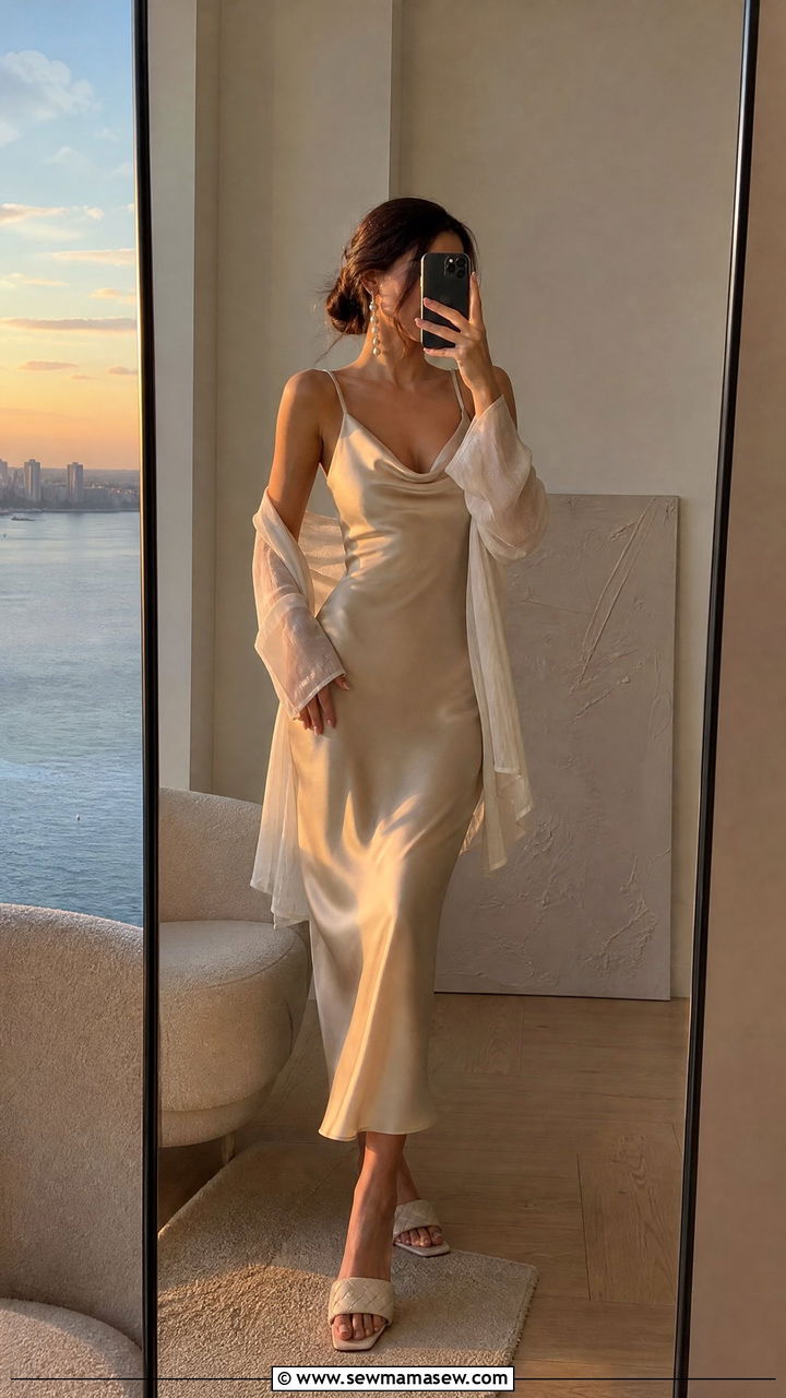 Satin Slip Dress and Pearl Jewelry - 30 summer romantic outfit ideas