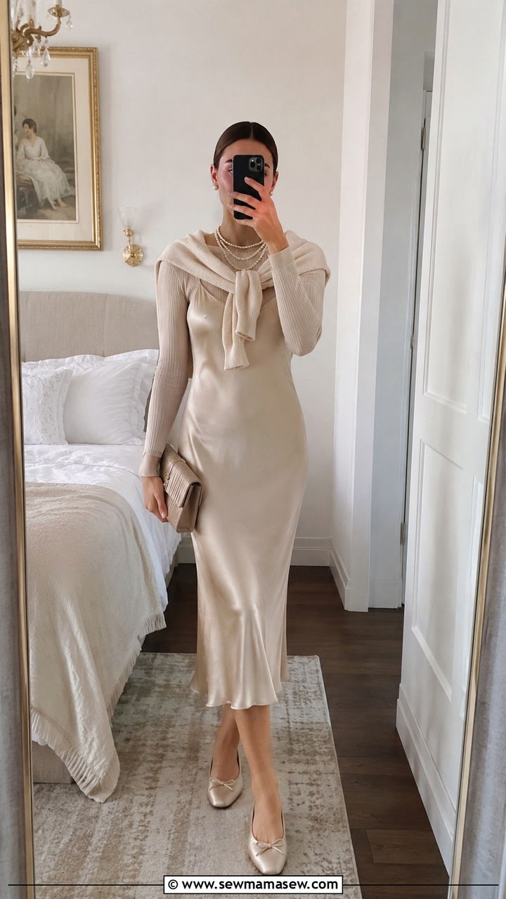 Satin Slip Dress and Pearls Outfit - 25 Balletcore outfit ideas