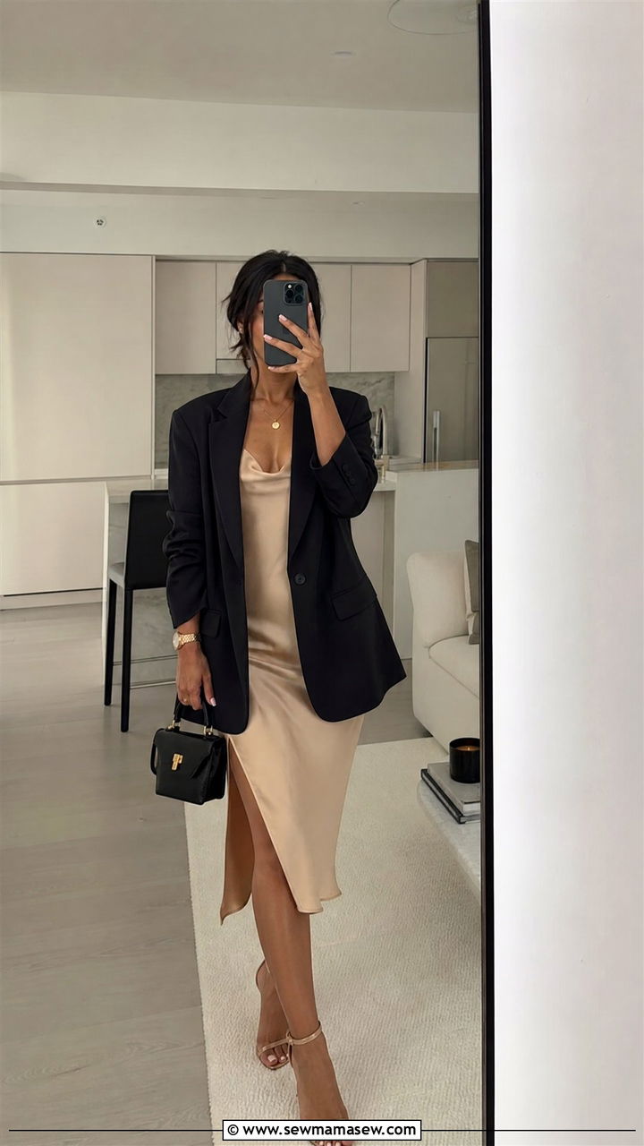 Satin Slip Dress with Blazer - 25 fashion inspo outfits for women