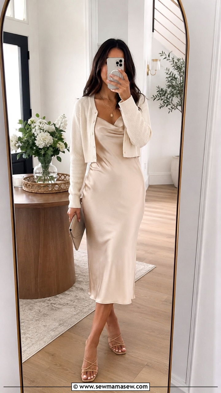 Satin Slip Dress with Cropped Cardigan - 30 Graduation brunch outfit ideas