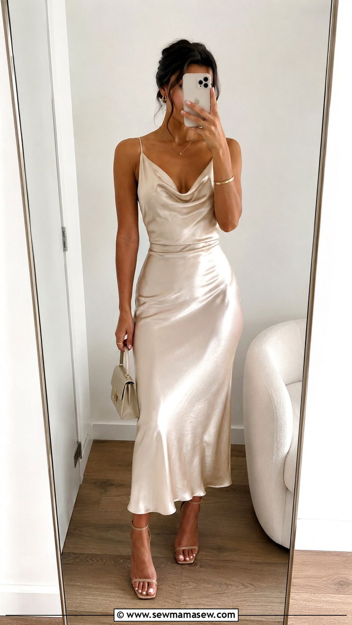 Satin Slip Dress with Dainty Jewelry - 25 Wedding guest outfit ideas for college girls