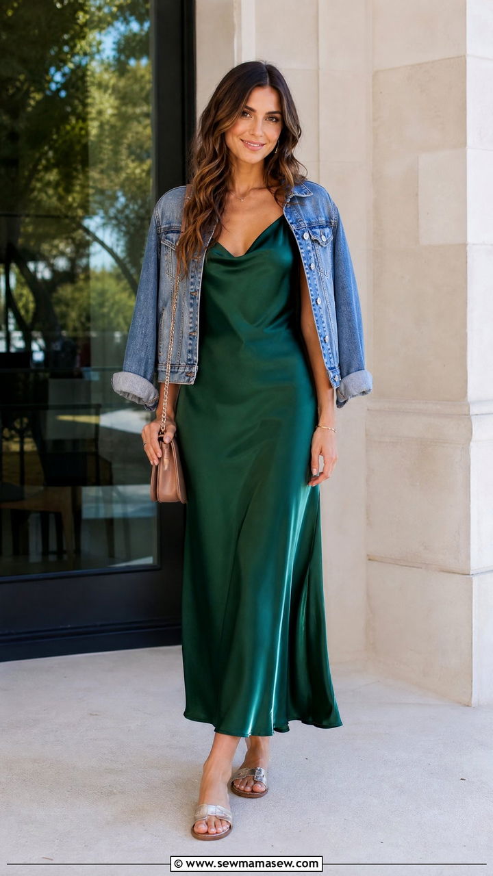 Satin Slip Dress with Denim Jacket - 35 Graduation outfits for guests