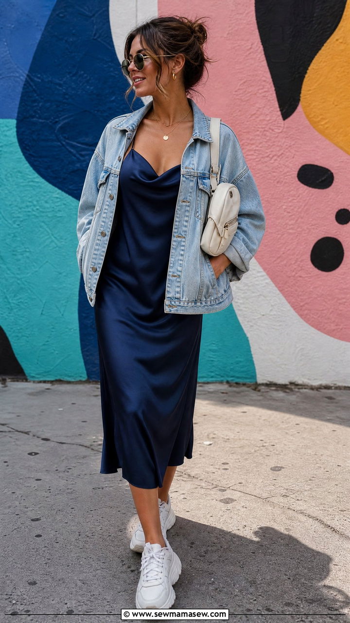 Satin Slip Dress with Denim Jacket - 30 Summer satin outfits