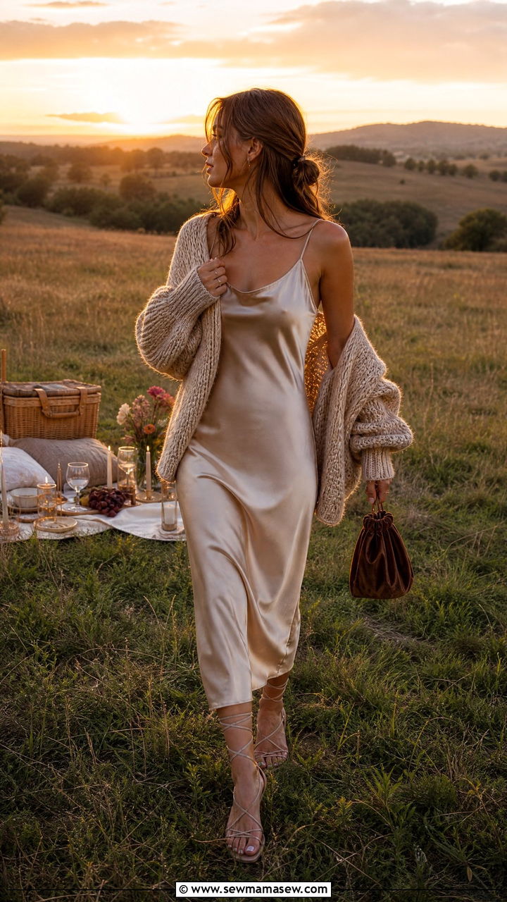Satin Slip Dress with Lace Up Sandals and Oversized Cardigan - 30 Picnic outfit ideas