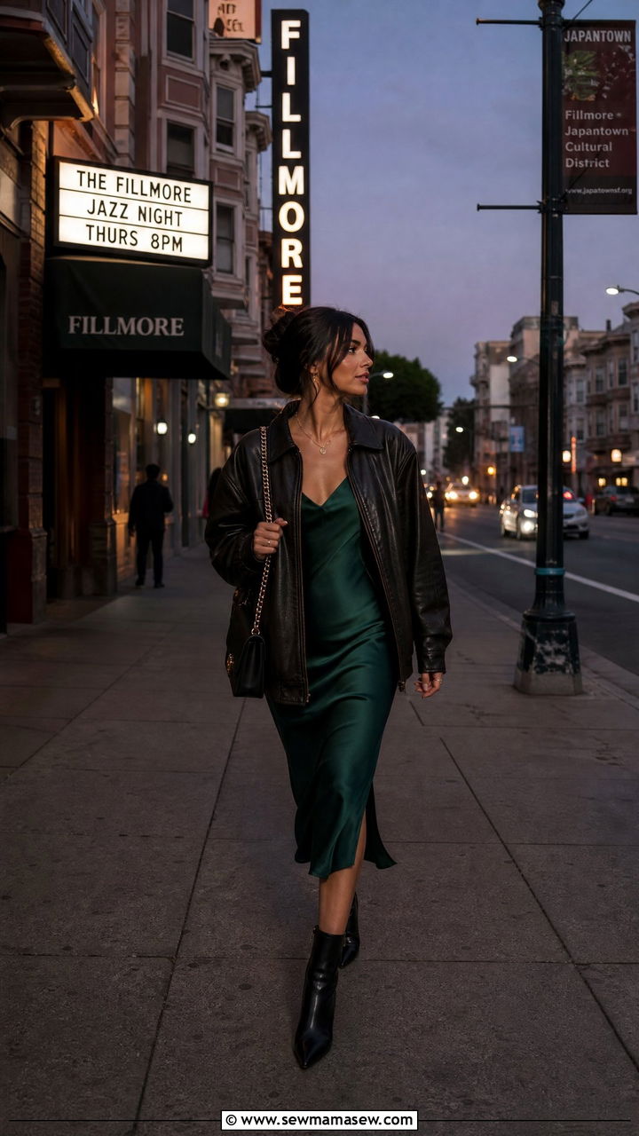 Satin Slip Dress with Leather Jacket - 40 What to wear in San Francisco