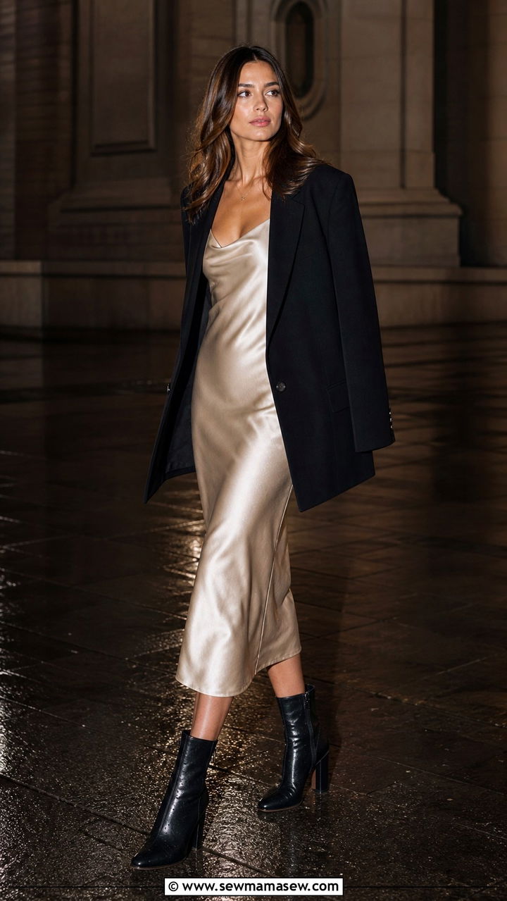 Satin Slip Dress with Oversized Blazer and Heeled Boots - 40 rainy day outfits