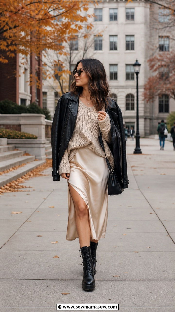 Satin Slip Dress with Oversized Knit and Leather Jacket Outfit - 40 First day of school outfit ideas 2026