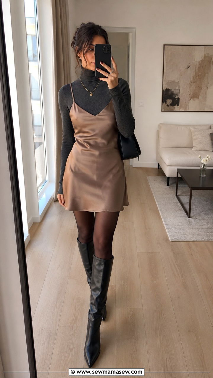 Satin Slip Dress with Turtleneck and Knee High Boots - 30 spring transition outfit ideas