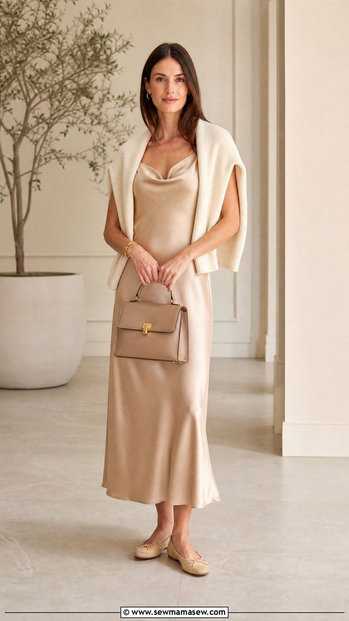 Satin Slip Dress with a Lightweight Knit Sweater Draped Over Shoulders - 25 Spring outfits with slip dresses