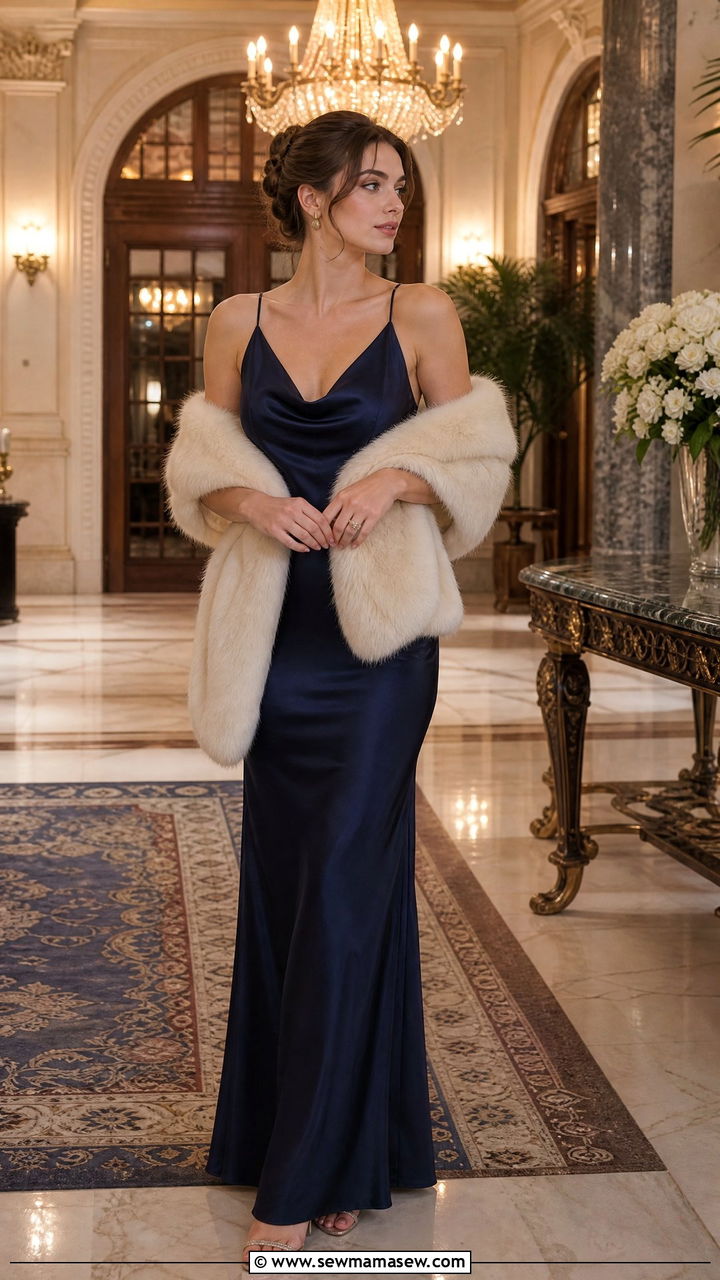 Satin Slip Gown With Faux Fur Stole - 30 Old money outfit ideas for wedding guest