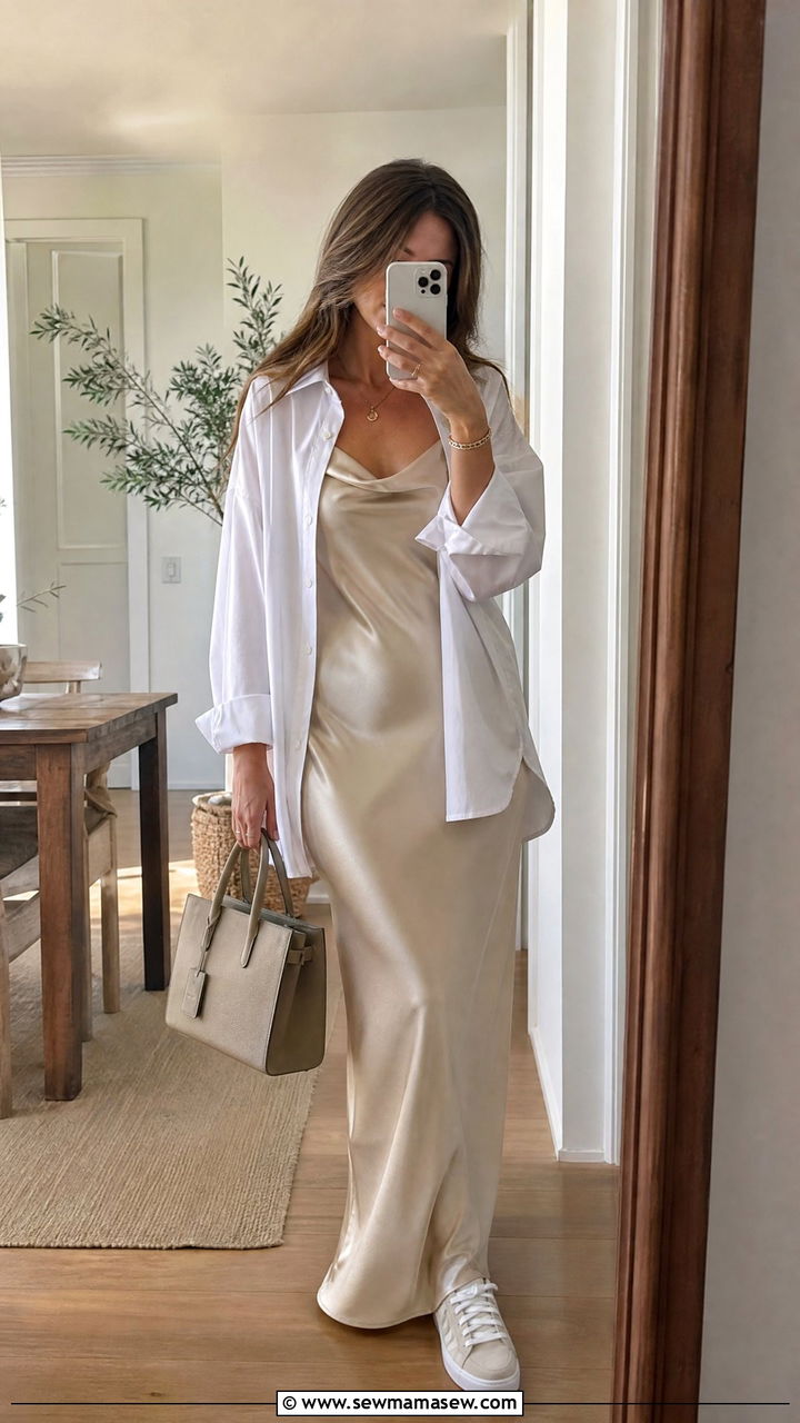 Satin Slip Maxi Dress With Low Top Sneakers - 30 Maxi dress outfit ideas with sneakers