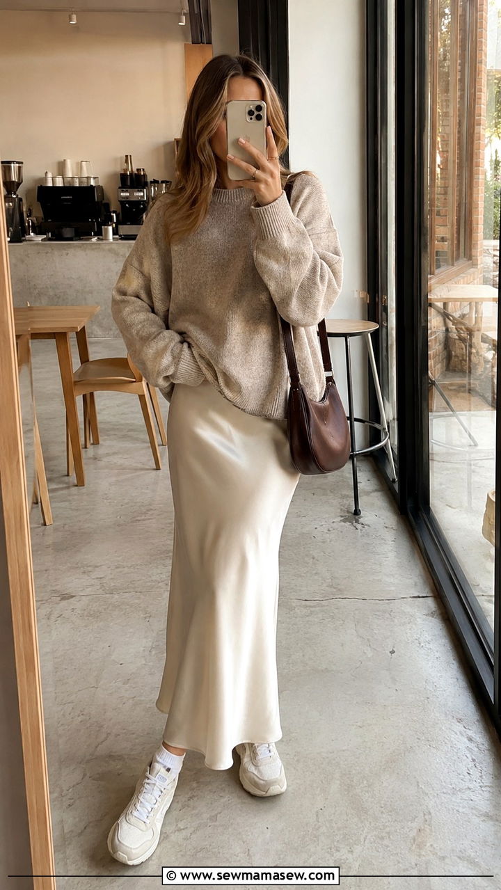 Satin Slip Maxi Skirt With Oversized Sweater and Dad Sneakers - 30 Maxi skirt outfit ideas with sneakers