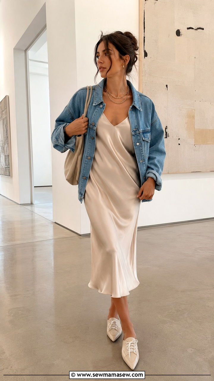 Satin Slip Midi Dress With Sneakerinas - 30 Midi dress outfit ideas with sneakers