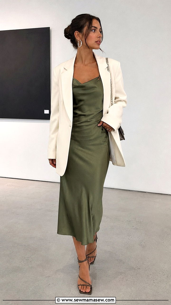 Satin Slip Midi Dress With Strappy Heels And An Oversized Blazer - 20 Midi dress summer 2026 outfit ideas