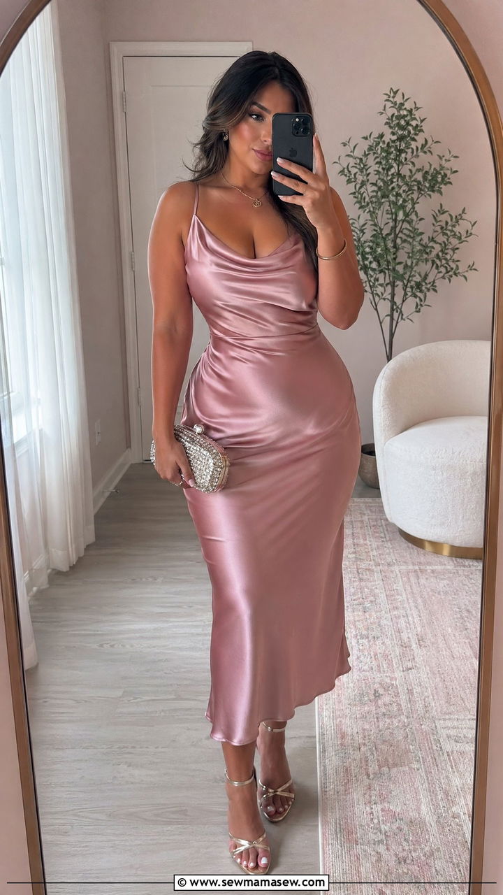 Satin Slip Midi Dress with Strappy Heels - 35 Dressy summer outfits