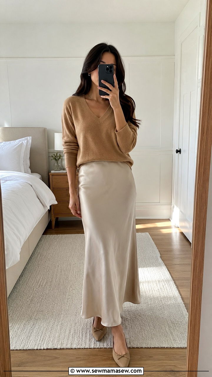 Satin Slip Skirt And Lightweight Sweater - 25 Mid April outfit ideas