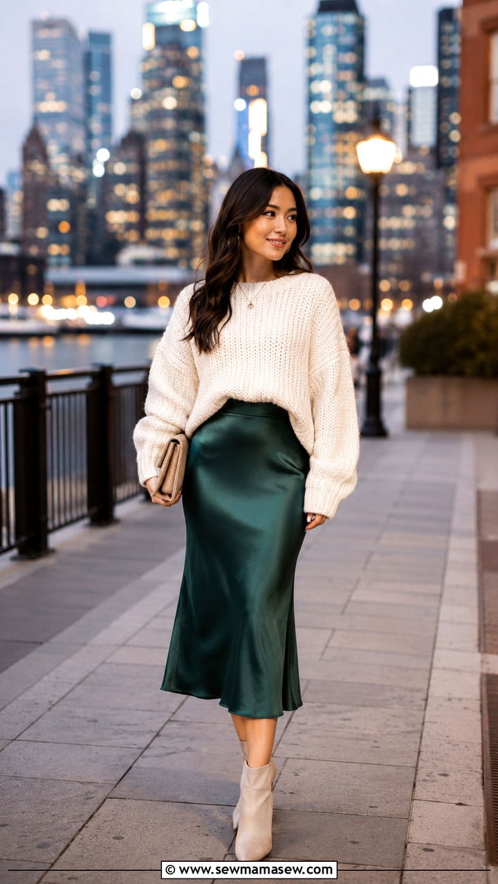 Satin Slip Skirt With Chunky Knit Sweater - 30 Petite aesthetic outfit ideas