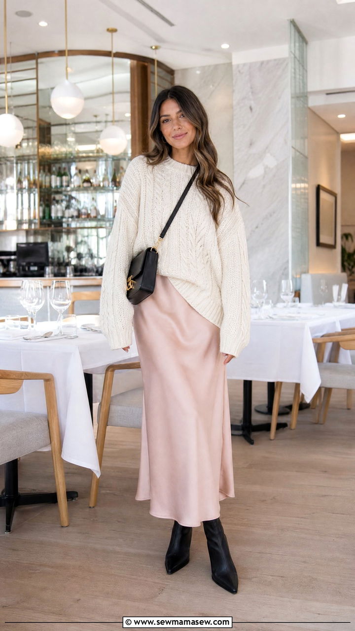 Satin Slip Skirt With Chunky Knit Sweater and Pointed Boots - 40 French girl outfits ideas