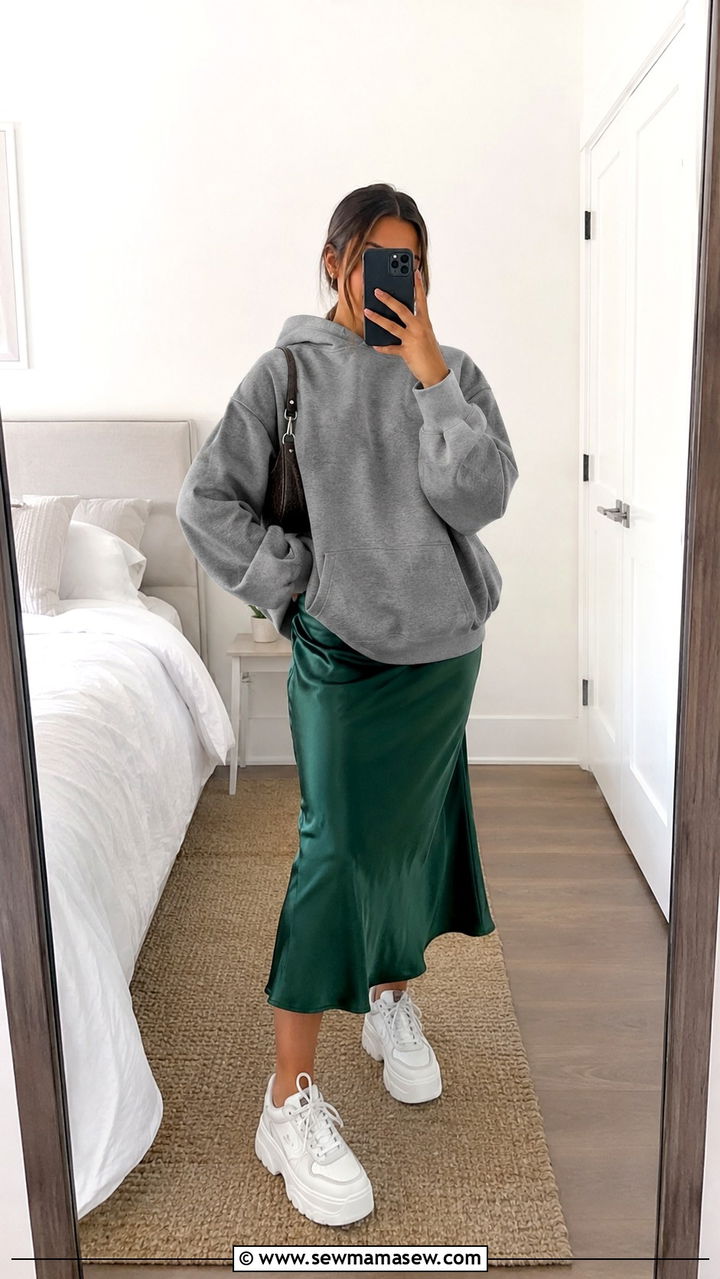 Satin Slip Skirt With Chunky White Sneakers And Oversized Hoodie - 25 White sneakers outfit ideas with a skirt