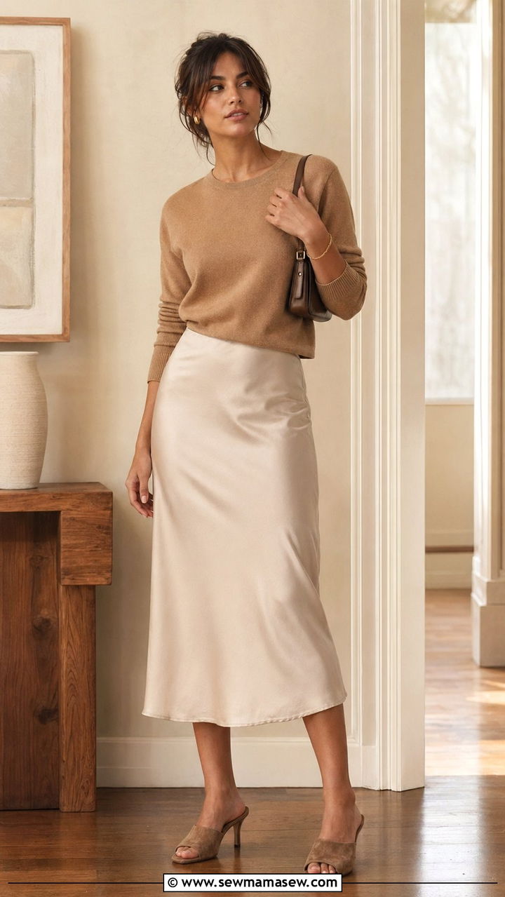 Satin Slip Skirt With Fine Knit Sweater and Mules - 35 90s capsule wardrobe outfits