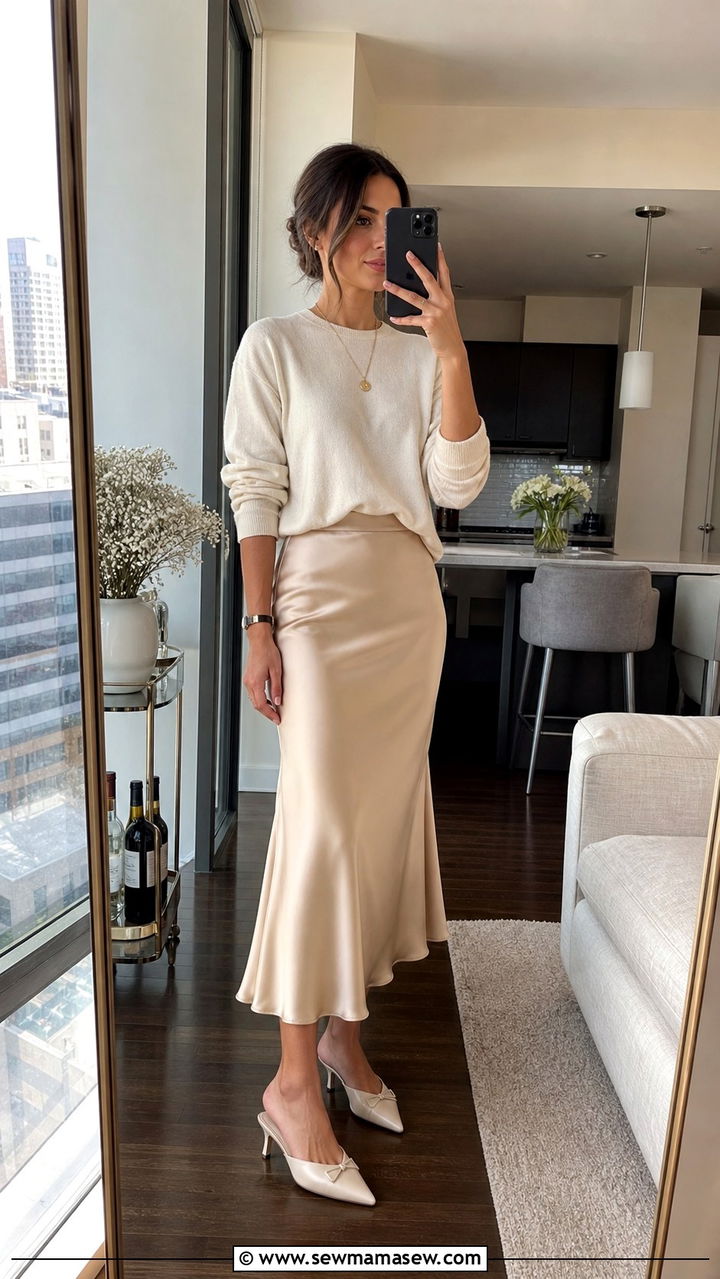 Satin Slip Skirt With Lightweight Knit Sweater - 40 Cute spring outfits