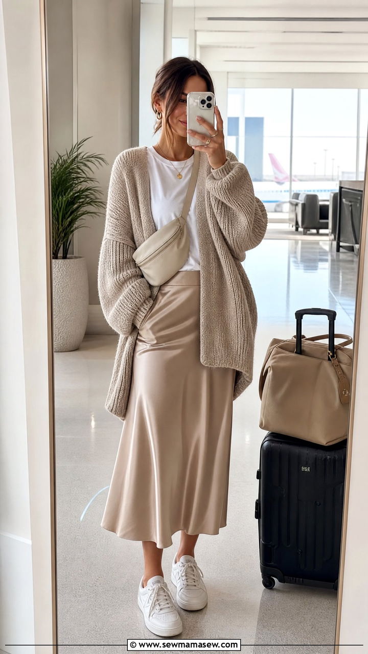 Satin Slip Skirt With Oversized Cardigan Airport Outfit - 30 modest airport outfit ideas