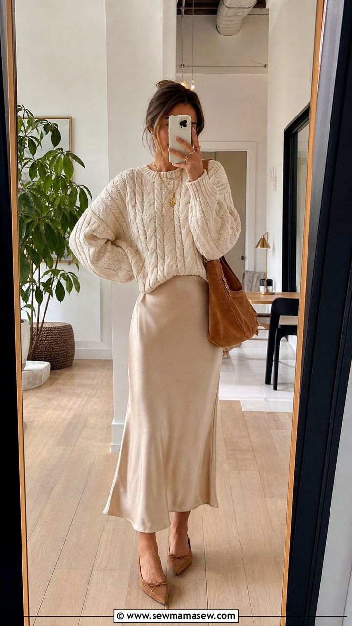 Satin Slip Skirt With Oversized Knit And Pointed Flats - 40 work outfits