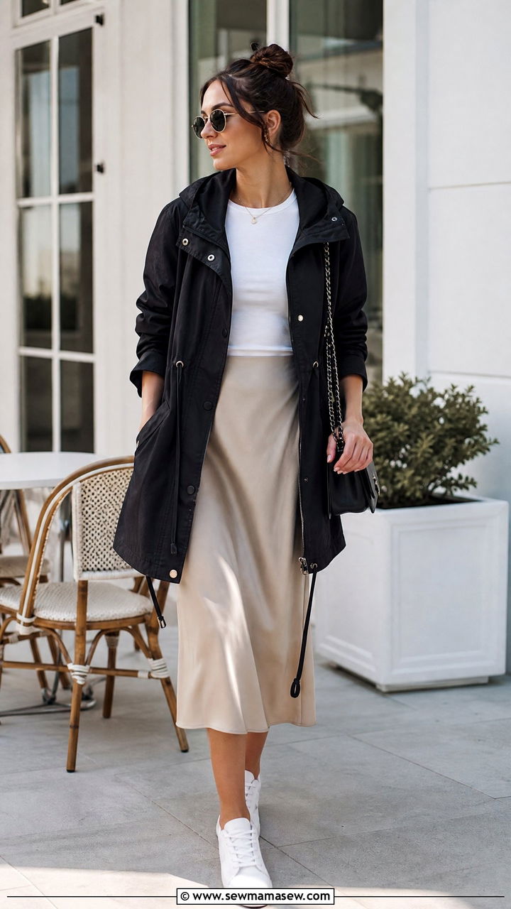 Satin Slip Skirt With Parka and Sneakers - 25 Spring outfits with parka