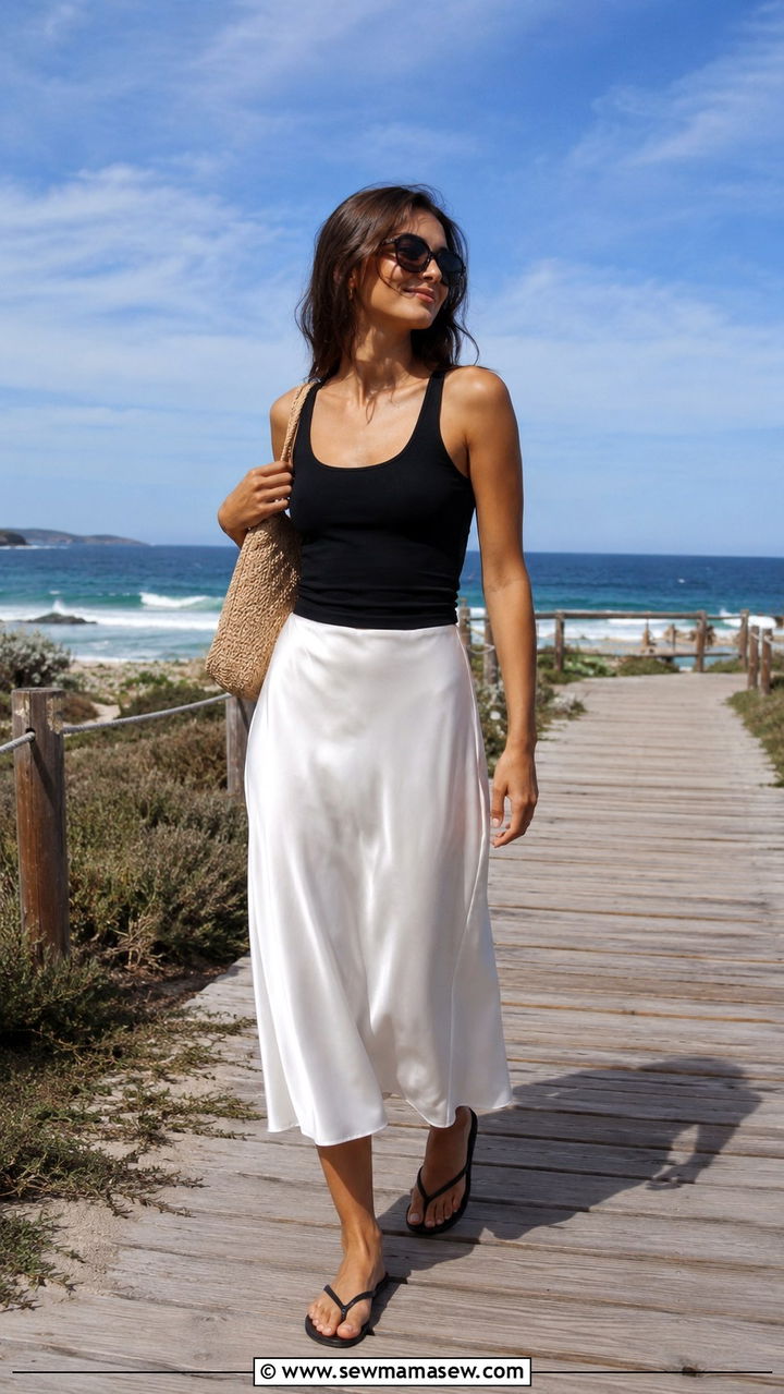 Satin Slip Skirt With Tank Top and Flip Flops - 30 how to style satin skirt